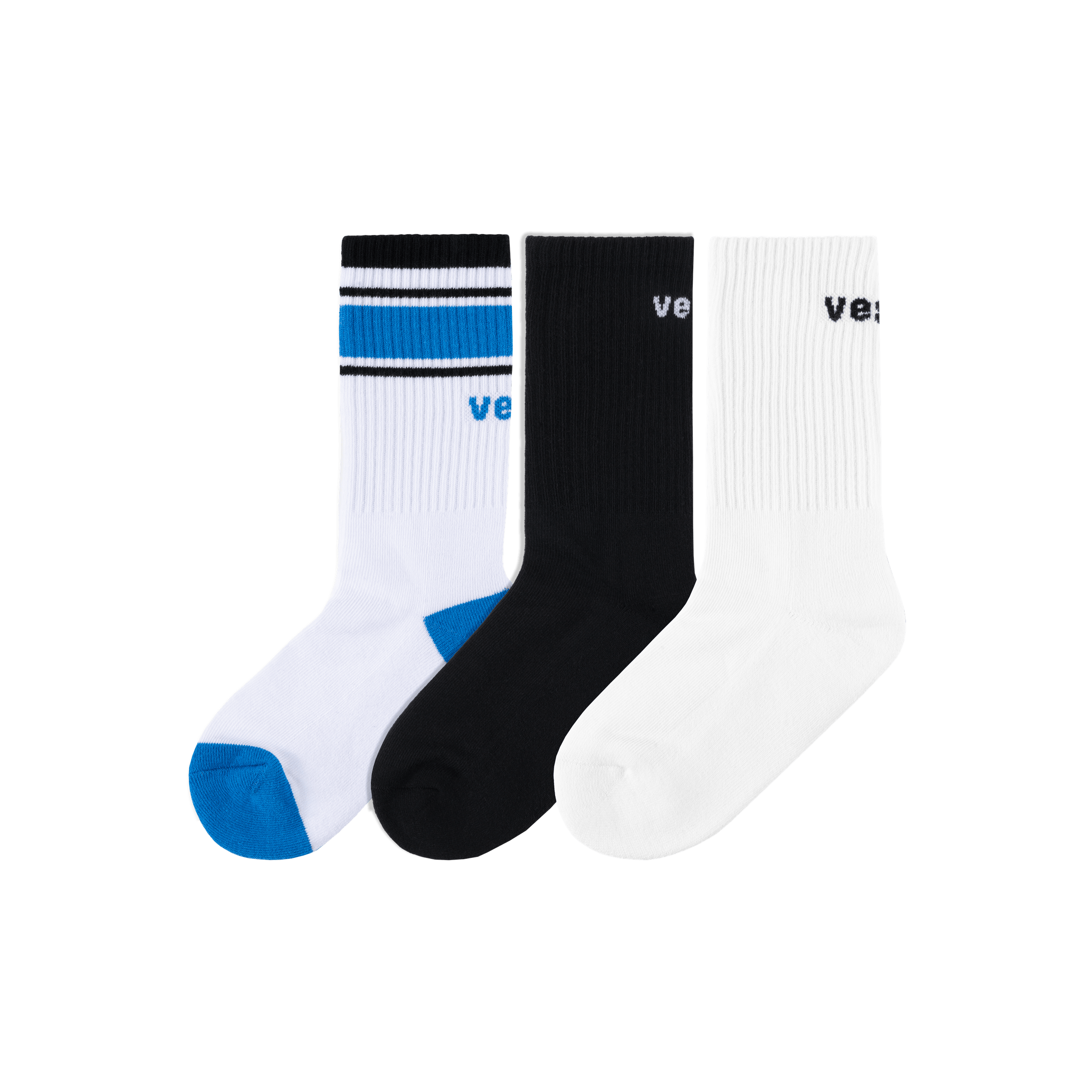 Vessi 3-Pack Crew Socks - Black/White/Vessi Blue